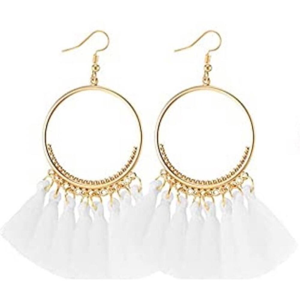 Gold Circle White Multi Tassel Earrings